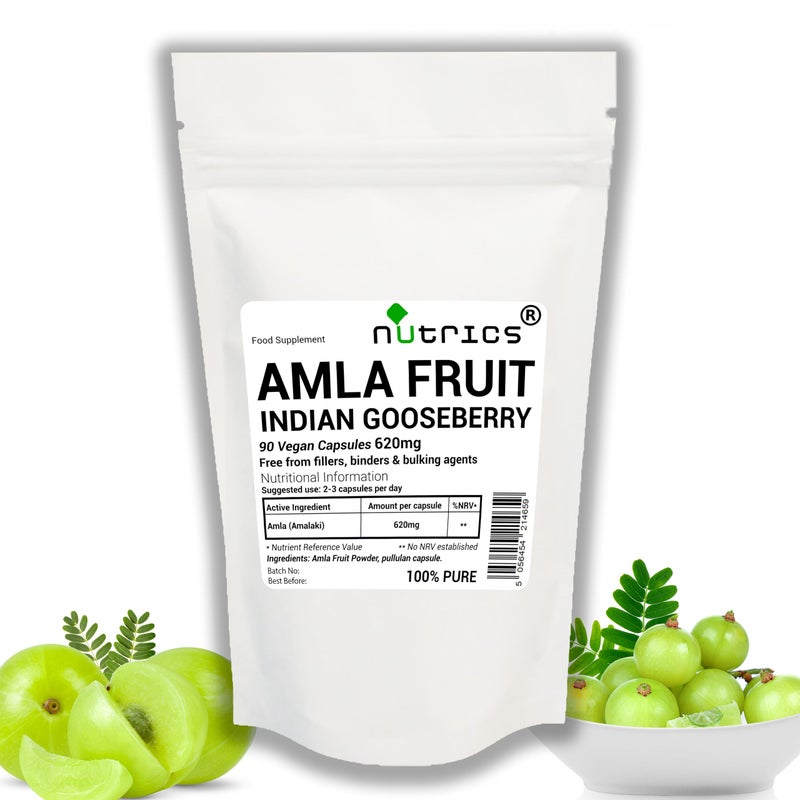 NutricsÂ® 620mg AMLA 90 V Capsules Indian Gooseberry Amalaki - 100% Pure - Free from fillers, Binders & Bulking Agents - Suitable for Vegan Vegetarian